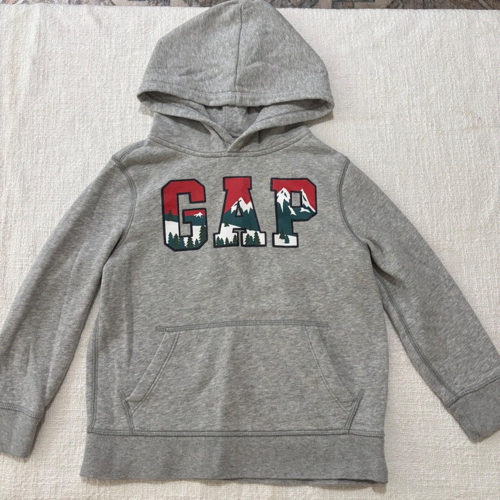 Gap Kids Boys Heather Gray Mountain Graphic Logo Pullover Hoodie Size S 6-7